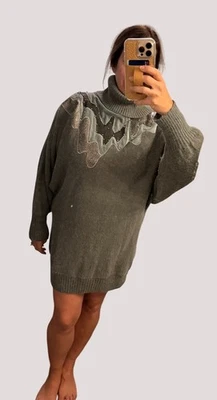 Vintage 80s Abstract Oversized Sweater Dress Large Shoulder Pads Turtleneck Grey - Image 1 of 4