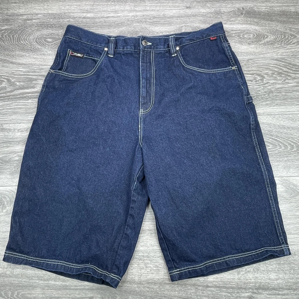 FUBU The Collection Denim Shorts Mens 42 Blue Carpenter Utility Pockets Baggy - Image 1 of 4