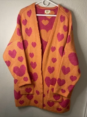 Cárdigan Largo Maeve Anthropologie Naranja Rosa Corazón Frente Abierto 2X Usado en Excelente Condición Foto 1 de 4