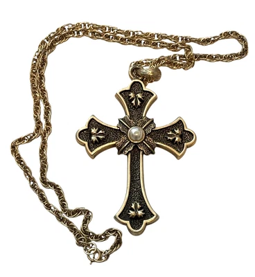 Vintage Sarah Coventry Limited Edition Cross Necklace Goth 1975 Gold Tone - Image 1 of 4