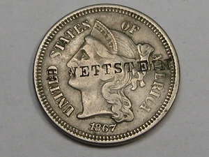 RARE Counterstamp - 3¢ Three Cent Nickel 1867 - H. WETTSTEIN - Picture 1 of 6