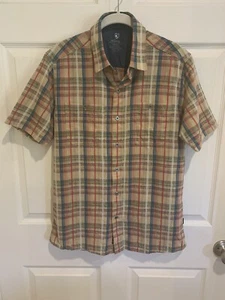 KUHL Button-Down Hemd Herren Gr. Small S senfblau kariert Taschen Leinenmischung - Bild 1 von 12