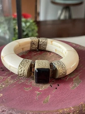 UNIQUE Vintage Antique Brass Bangle Bracelet Chunky Bracelet with Stone  - Image 1 of 4
