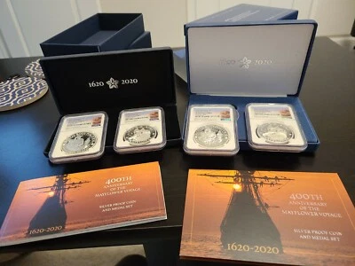 2020 Mayflower 400th Anniversary US & GB Silver Set PF70 NGC - COA Numbered - Image 1 of 4