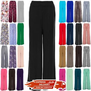 Womens Baggy Wide Legged Ladies Trousers Pants Flared Palazzo Leggings Plus Size - Picture 1 of 26