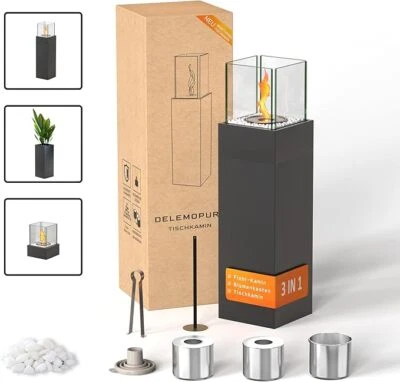 1/2/3 3in1 Fire Pit Brazier Fire Basket Flame Glass Fireplace with Decorative Stones NEW - Image 1 of 4