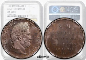 FRANCE, Louis Philippe, 5 Francs 1831, Essai, Mint Visit, Top Pop, NGC MS 65 BN - Picture 1 of 8