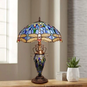 Dragonfly Tiffany Style Stained Glass Dark Bronze 3 Bulb Double Lit Table Lamp - Picture 1 of 8