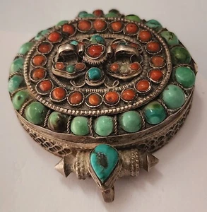 Antique Tibetan Pray Amulet in 925 Silver Turquoise & Coral Circa 1880-1900 - Bild 1 von 9