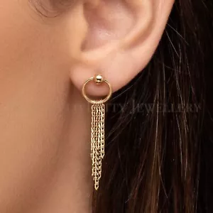 14k Yellow Gold Dangle Earrings Long Drop Tassel Chain Push Back Closure 1.65" - Picture 1 of 12