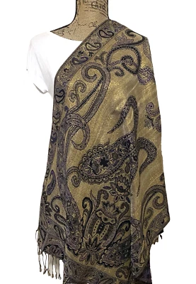 Bufanda chal envolvente de cachemir PASHMINA dorada y púrpura con flecos 26 x 66 Foto 1 de 4