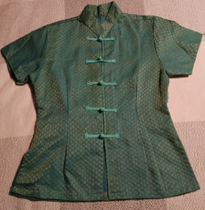 Top donna piccolo collo mandarino acqua turchese oro asiatico bellissimo tessuto Fabr - Foto 1 di 13