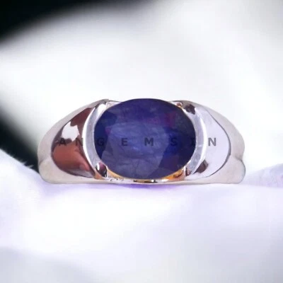 Piedras preciosas de zafiro azul con anillo de plata de ley 925 para hombre #BL310 Foto 1 de 4