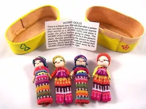 Four (4) Large Worry Doll Dolls In Wooden Box By Mayan Artisans Fair Trade - Picture 1 of 11