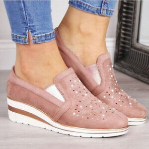 Casual Pull On Wedge Heel Thick Soled Loafer Rhinestone Round Toe Shoes Womens