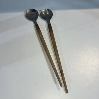 Conjunto de servir salada vintage MCM garfo colher aço inoxidável cabo de madeira teca Japão - Imagem 1 de 4