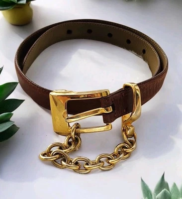 DKNY Brown Genuine Leather Belt Gold-Tone Buckle & Chain Accent Petite 34" Italy - Image 1 of 4
