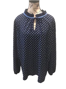 Talbots Plus 2X Navy Blue And White Ruffled Neck Long Sleeve Blouse Tie Neck - Picture 1 of 7