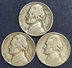 Jefferson Nickels. Lot Of 3. 1951 P, D, S. Average Circulated. - Picture 1 of 2