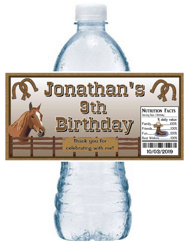 20 ETIQUETAS DE BOTELLAS DE AGUA FAVORES FIESTA CUMPLEAÑOS VAQUERO WESTERN CABALLO COUNTRY  Foto 1 de 1