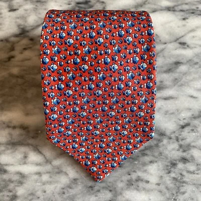 Holland & Sherry London All Silk Handmade Red Blue Fish Print~3.5" J40 - Image 1 of 4