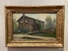 Antique Oil On Board Painting Of Brown Colonial Home Signed By J. John Englehart