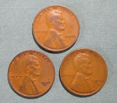 1936 P, 1936-D,  1936-S Lincoln Penny - CIRCULATED (3) U.S. 1 Cent coins PDS Cover