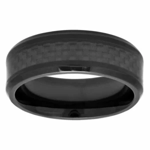 8mm Men's Genuine Ceramic Black With Black Carbon Fiber Wedding Band Ring - Picture 1 of 3