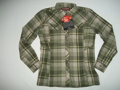 SIMMS Fishing UPF 50 Long Sleeve WOOL Blend Thyme Plaid SHIRT Womens MEDIUM NEW - Image 1 of 4