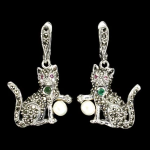 Verano 925 Pendientes Plata Redondo Esmeralda Rubí Perla Marcasita Gato Piedra - Imagen 1 de 10