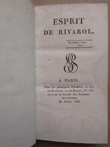 ESPRIT DE RIVAROL, 1808. Edition originale de ce recueil posthume. - Picture 1 of 12