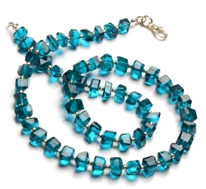 Green Apatite Color Quartz 7 to 8 mm Size Faceted Nugget Beads 16.5" Necklace - Picture 1 of 4