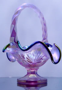 Fenton Art Glass Amethyst Iridescent Basket Flowers And Leaves Flared Rim - Picture 1 of 6