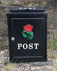 Black Steel Post box, Mailbox Red Rose Logo for Garden, Driveway, Gate Entrance