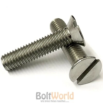  M6 M8 M10 M12, A2 STEEL STAINLESS MACHINE SCREWS FLAT COUNTERSUNK SLOTTED BOLTS - Image 1 of 2