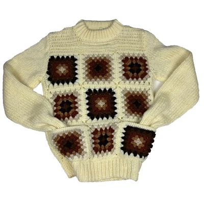 Vintage 70s Granny Square Crochet 3D Knit Mockneck Sweater Cream Brown Boho S - Image 1 of 4