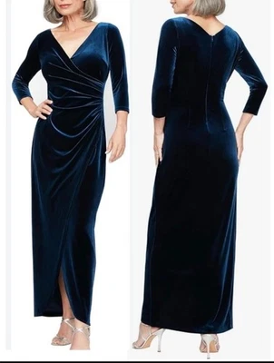 Vestido Alex Evenings Terciopelo Dobladillo Tulipán Manga 3/4 Talla 14W Azul Foto 1 de 4