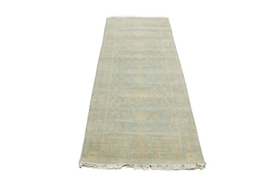 Muted Aqua Blue Floral Handmade Oriental Runner Rug Kitchen Decor Carpet 3X8 ft - Image 1 of 4
