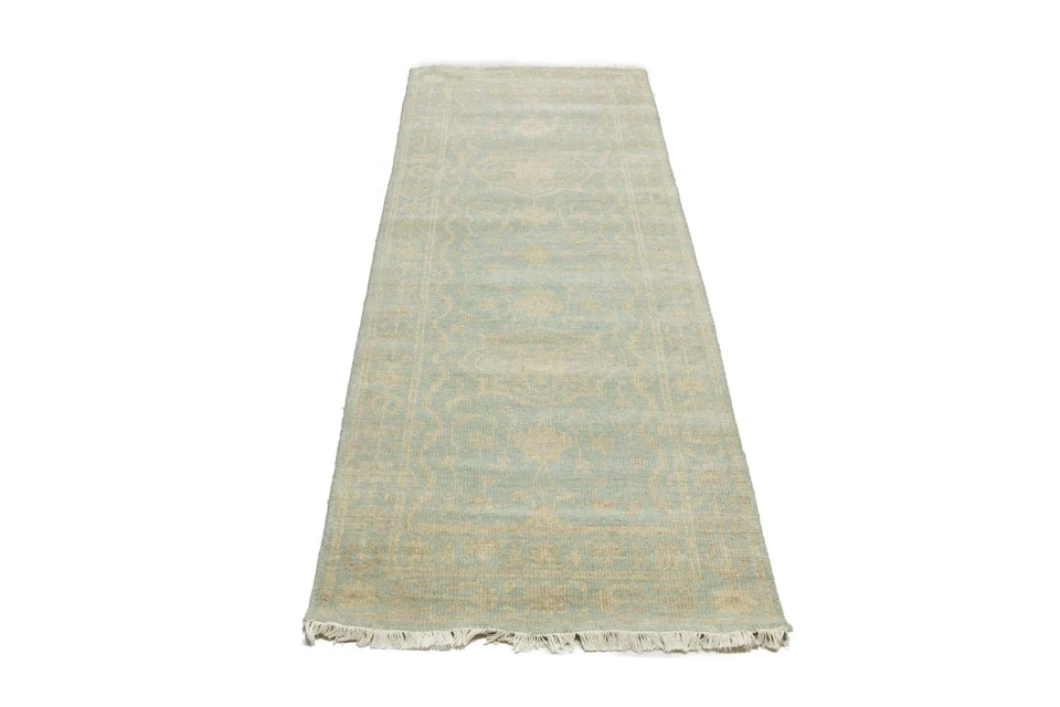 Muted Aqua Blue Floral Handmade Oriental Runner Rug Kitchen Decor Carpet 3X8 ft - Image 1 of 4