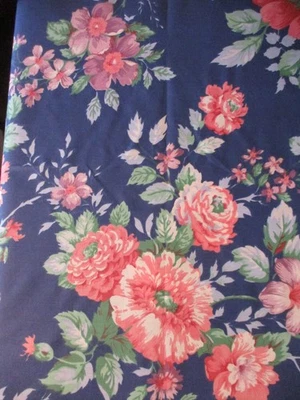 Vintage Medium Blue Lightweight Chintz Fabric, Pink and Purple Flowers 2 yds. - Image 1 of 2