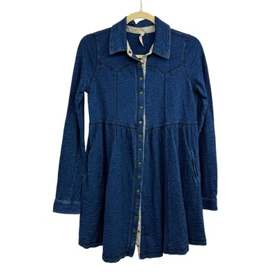 Vintage Y2K Free People Chambray Snap Mini Dress Sz S Pockets Denim Jean Empire - Image 1 of 4