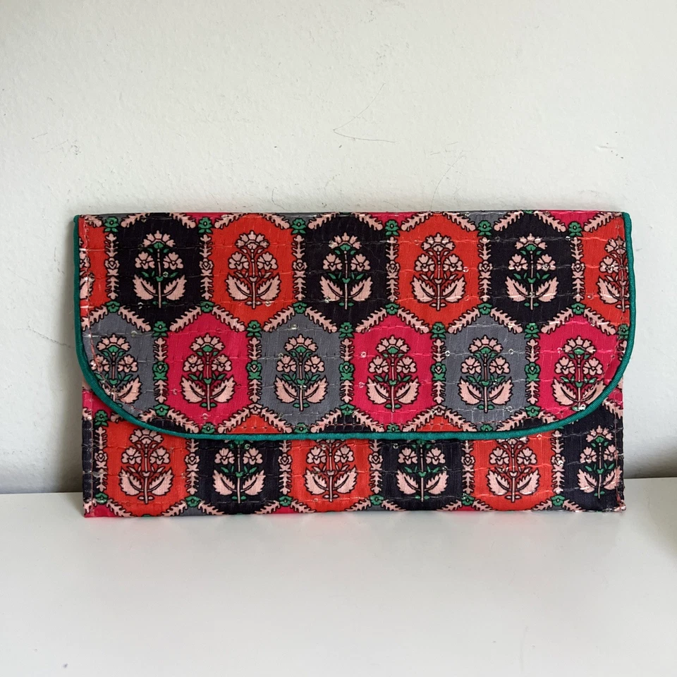 Flower Silk Fabric Clutch Wallet Green Pink Sequin 8"x4.5" Floral Fancy Envelope - Image 1 of 4