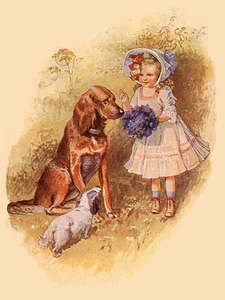 IRISCHER SETTER HUND GRÜSSE NOTIZKARTE SCHÖNES KLEINES MÄDCHEN IN KAPPE MIT HUND - Bild 1 von 1