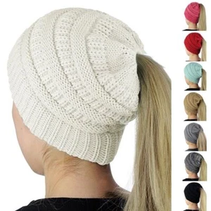 BeanieTail Soft Stretch Cable Knit Messy High Bun Ponytail Beanie Hat Cap Warm - Picture 1 of 21