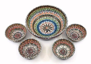 Handmade Turkish Ceramic Pottery Set of 5 Serving Bowls 6" and 3" - Picture 1 of 2