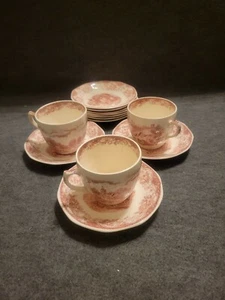 13-pc Barker Bros Royal Tudor Ware Olde England Pink 3 Cups, 10 Saucers, England - Picture 1 of 5