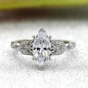 Art Deco Vintage Marquise Cut Lab-Created Diamond Wedding 14K White Gold Ring FN - Picture 1 of 14