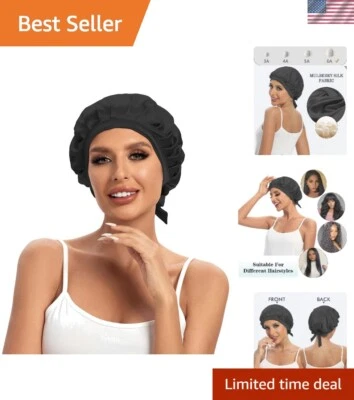 Gorra de dormir de lujo de doble cara 100 % seda morera con cinta ajustable - negra Foto 1 de 4