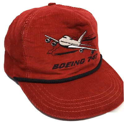 NOS Vtg Ram Action Red CORDUROY TRUCKER Hat BOEING 747 Air Plane Snapback Cap  - Image 1 of 4