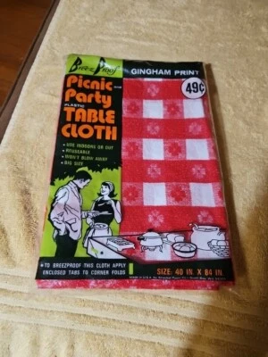 Vintage Plastic Tablecloth Picnic BBQ Cookout 40”x78” Gingham Print - New  - Image 1 of 2